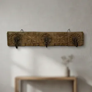 Vintage <b>Wooden</b> Floral Wall Hook Panel <b>Hand</b> Carved Three Hook Hanger for Coats Keys Scarves and Home Decor - Product Image 5