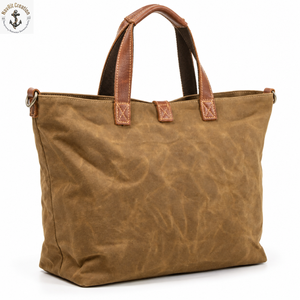 Natural Oil <b>Waxed</b> <b>Canvas</b> Shopping Tote with Dual Carry Handles | Tan Brown Daily Carry <b>Bag</b> with Metal Side Hardware for Travels - Product Image 1
