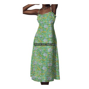 Nuevo Vestido Boho para Mujer con Estampado de Bloques, Tirantes Finos de Algodón, Diseño Gitano Hecho a Mano, Túnica Transpirable de Algodón con Estampado de Bloques y Tirantes Finos - Product Image 4