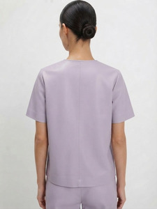 Camisa de Cuero para Mujer con Logotipo Personalizado, Camisa de Moda de Cuero Genuino de Oveja, Manga Corta, Cierre de Botones, Blusa Casual de Lujo, Fabricante - Product Image 2