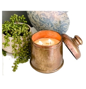 Metal Canister Shape Antique <b>Copper</b> Plated Candle Vessel Home Decor <b>Table</b> Top With Lid Scented - Product Image 1