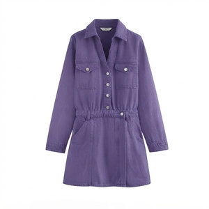 Robes en jean décontractées pour femmes, couleur bleu denim, col rabattu, boutonnées, manches longues, mini robes - Product Image 3