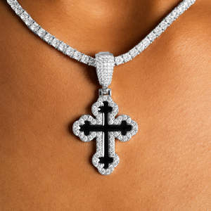 Luxury <b>Black</b> Enamel Iced Out Cross Pendant Necklace | White Gold Christian Cross Necklace with Stones | Hip Hop Religious - Product Image 1