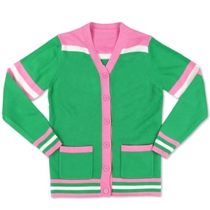 Suéter Cárdigan Verde de Punto para Mujer, Estilo Universitario, con Rayas Rosas y Blancas, Cuello en V, Manga Larga, Venta al Por Mayor - Product Image 1
