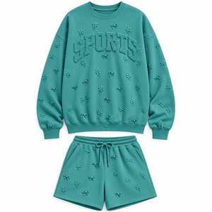 Ensemble décontracté 2 pièces en maille polyester/coton pour femme, avec impression de lettres en relief, col ras du cou, coupe ample - Product Image 6