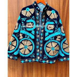 Premium Elegant Floral Embroidered Eco-Friendly Raw Velvet Unisex Suzani <b>Jacket</b> Mandarin Collar Full Sleeve <b>Winter</b> Style - Product Image 4