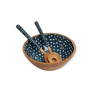 Handcrafted Wooden Serving <b>Bowl</b> with <b>Blue</b> Leaf Enamel Pattern for Modern Dining Table and Natural Home Decor Style Aura - Product Image 6