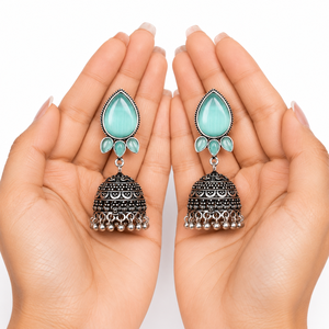 Luxury Oxidized <b>Silver</b> Tribal Jhumka <b>Earrings</b> Pear Cut Orange Stone Traditional Indian Wedding Jewelry for Women - Product Image 1