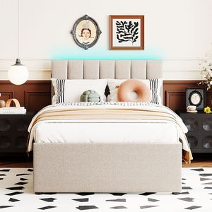 Cama de plataforma tapizada en felpa Teddy color beige, tamaño twin, con cama nido - Product Image 3