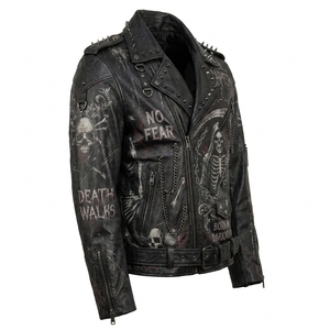 <b>Mens</b> Grim <b>Reaper</b> Skull Graphic Distressed Leather Jacket Heavy Metal Punk Spiked Chains Biker Coat Custom Wholesale - Product Image 3