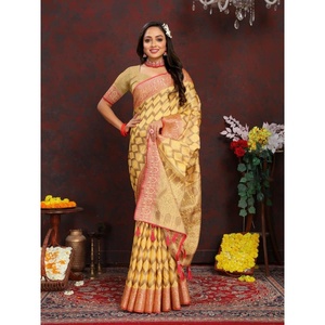 JARI DE SEDA SUAVE A LA MODA TRABAJO TEJIDO SAREE CON BLUSA SIN COSTAR AMARILLO - Product Image 1