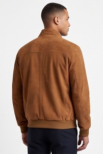 Wholesale <b>Men</b> <b>Suede</b> Varsity Bomber <b>Jacket</b> Tan Stand Collar Flight Coat Custom Slim Fit Ribbed Trim Eco-Friendly Windproof Satin - Product Image 2