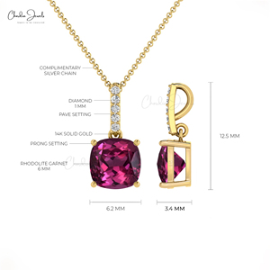 Modern Design 6mm Cushion Cut Rhodolite Garnet & 1mm Pave Diamond Dangling <b>Pendant</b> in 14K <b>Solid</b> <b>Gold</b> Hallmarked <b>Pendant</b> Jewelry - Product Image 4
