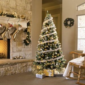 7.5 ft DIY Christmas Tree 350 Warm Lights Remote Control Hinged Xmas Pine Silver Ribbon-Artificial Snow Tipped Christmas Tree - Product Image 4