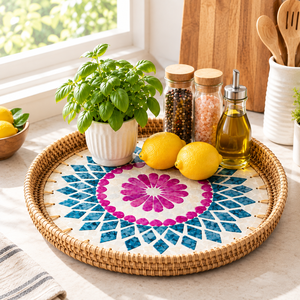 Plateau en mosaïque de rotin, art populaire - Product Image 3