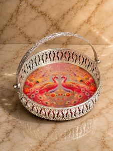 Handmade Modern German Silver Peacock Decorative Iron Serving <b>Basket</b> <b>Tray</b> Handle Premium Metal Gift <b>Basket</b> for Diwali Wedding - Product Image 5