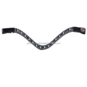 Bande de front de cheval en cuir noir en forme de vague équipée de 3 rangées de gros strass multicolores Cristaux mega bling bridle brow band - Product Image 1