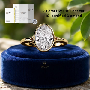 Anillo de compromiso con diamante ovalado cultivado en laboratorio certificado por IGI, engaste de bisel, solitario de tallo dividido en oro macizo de 10K, 14K, 18K, Shreeraj Solitair - Product Image 3