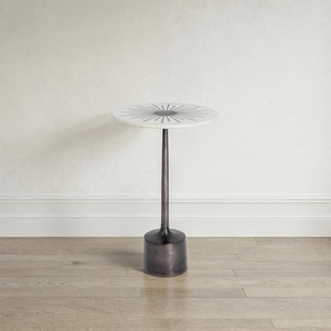 Designer Cast Aluminum Bar <b>Table</b> Marble Top Sunburst Inlay Sleek Pedestal Base Heavy Duty Stability Compact Luxury Accent Piece - Product Image 3