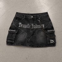 Jupe en jean cargo vintage Stonewash pour femme, taille basse, mini, noire, avec chaîne et strass, style gothique streetwear, été automne, séchage rapide