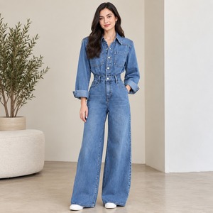 Womens Denim Overalls High Waist Wide Leg Button Front Loose Fit Casual Spring Style Stonewashed Cotton <b>Jumpsuit</b> - Product Image 1