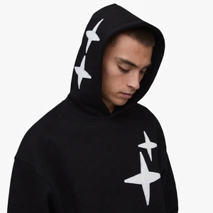 Survêtement noir premium à capuche, coupe ample, couleur unie, en coton, pour l'automne, avec poches latérales et logo sur la manche droite - Product Image 3