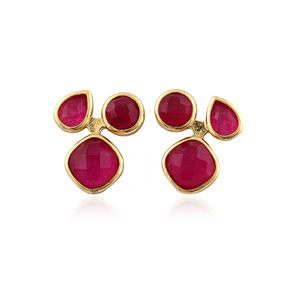 ต่างหูมินิมอลประดับทับทิม หยกสีน้ำเงิน หยกสามเม็ด ตัวเรือนทองเหลืองชุบทอง 18k น้ำหนักเบา เหมาะสำหรับใส่ทุกวัน - Product Image 2