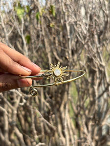 Celestial Sunburst <b>Moonstone</b> Brass Bangle-Handmade Sun Motif Adjustable Cuff-Bohemian Solar Energy Rhodium Plated Bezel Set - Product Image 3