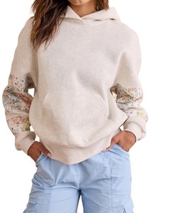 Unisex Hooded Sweatshirt Patchwork Floral Sleeve Oversized Casual Spring French Terry Knitted Pullover Light Beige with Pockets - Product Image 4