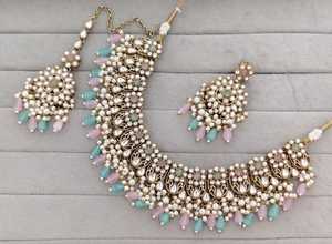 Indian Traditional Antique Gold Plated Kundan Choker Necklace <b>Set</b> Pastel MIX Gemstone Bead Bridal Jewelry <b>Set</b> with Earring - Product Image 4