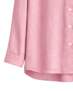 Ensemble deux pièces en lin rose pour femme, chemise à manches longues boutonnée et pantalon large à taille élastique, tenue décontractée pour la maison - Product Image 5