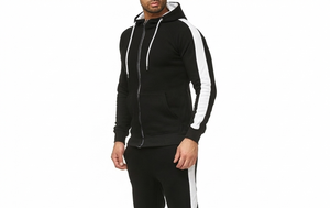 Ensemble de survêtement à capuche rayé noir et blanc pour homme, sweat-shirt à fermeture éclair intégrale et pantalon de survêtement, tenue décontractée d'automne, respirant, en polyester et coton - Product Image 3