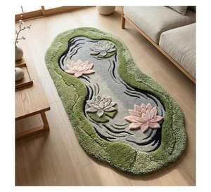 Alfombra de Lana Tufted 3D Personalizada con Forma Irregular de Estanque, Inspirada en la Naturaleza, para Sala de Estar, Alfombra Artística de Lirios de Agua - Product Image 1