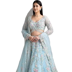 Lehenga Choli de fête fantaisie en soie Banarasi multicolore brodée spéciale fiançailles de la mariée - Product Image 1