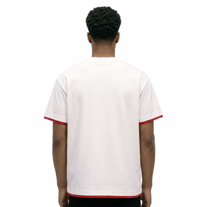 T-shirt blanc à manches courtes pour homme, coupe classique, col rond, en coton tricoté, bordure rouge contrastante, style décontracté, couleur unie - Product Image 4