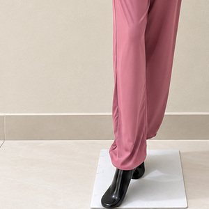 Women Pink Mandarin Collar Long Sleeve Loose Fit Knitted Blouse Set With Pockets Full Length Pant Casual All Seasons Modest Wear - Product Image 4