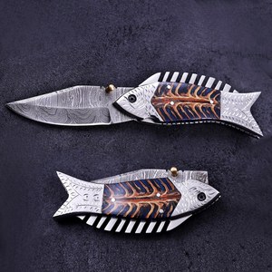 Cuchillo Plegable de Acero de Damasco con Hoja de Punta Caída y Apertura con Perilla, Cuchillo de Camping - Product Image 5