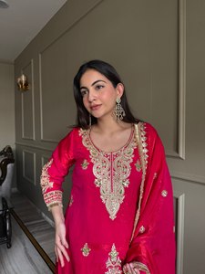 Premium satin designer embellishment embroidery top plazzo <b>elastic</b> waist 41 inch dupatta <b>lace</b> border ethnic wear women set - Product Image 3