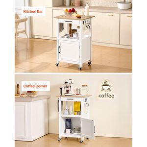 Chariot de cuisine réglable avec armoire à une porte, tiroir mobile, porte-serviettes, crochets, table portable et roulettes pivotantes en bois - Product Image 4