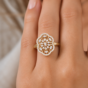 Luxury Marquise Lab Grown Diamond IGI Certified 14K Solid Yellow <b>Gold</b> <b>Cocktail</b> <b>Ring</b> Floral Pav Halo for Anniversary Wedding - Product Image 1