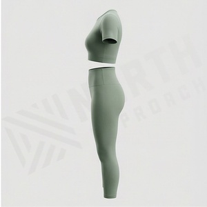Ensemble de yoga deux pièces à manches courtes avec soutien-gorge intégré pour femme, tenue de sport et d'exercice, vêtements de fitness et athlétiques, avec logo personnalisé - Product Image 3