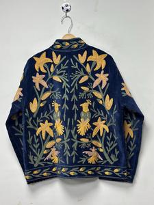 Ethnic Navy Blue <b>Velvet</b> Suzani Embroidered <b>Jacket</b> with Floral Pattern Full Sleeve Stand Collar Bohemian Women's Winter Outerwear - Product Image 3
