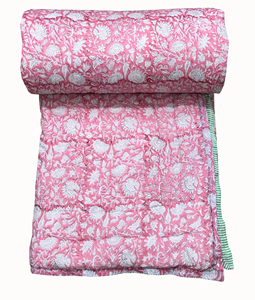 Traditional Handmade Flurry Cotton <b>Quilt</b> Pink Floral Print Reversible Durable All Season Home Use From Rajasthan - Product Image 2