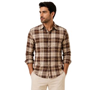 Chemise à manches longues pour homme en coton à carreaux marron beige, décontractée, boutonnée, fabrication sur mesure, vêtements de mode en gros - Product Image 1