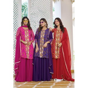 Ensemble de vêtements traditionnels pour filles en coton rose ethnique avec kurta, palazzo et dupatta en mousseline, collection pour les fêtes - Product Image 4