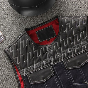 Gilet en cuir véritable/denim pour homme, coupe diamant, veste sans manches de qualité supérieure pour la moto, avec plusieurs poches - Product Image 2