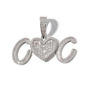 Collier pendentif cœur en diamant taille baguette plaqué argent, breloques raffinées pour hommes et femmes, style hip-hop glacé pour soirée - Product Image 1
