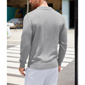 Men's Gray Knitted Long Sleeve Polo Sweater <b>With</b> Front <b>Pocket</b> Autumn Wear - Product Image 4
