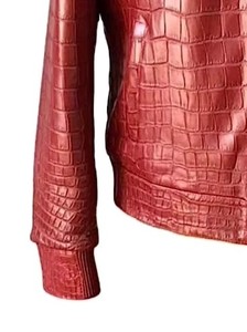 Veste en cuir PU gaufré croco rouge pour homme, style motard, fermeture éclair sur le devant, col rabattable, vêtement d'hiver - Product Image 5