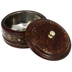 Casserole en bois artisanale traditionnelle avec incrustations en laiton, intérieur en acier inoxydable, boîte isotherme pour chapati, bol pour plat chaud - Product Image 1